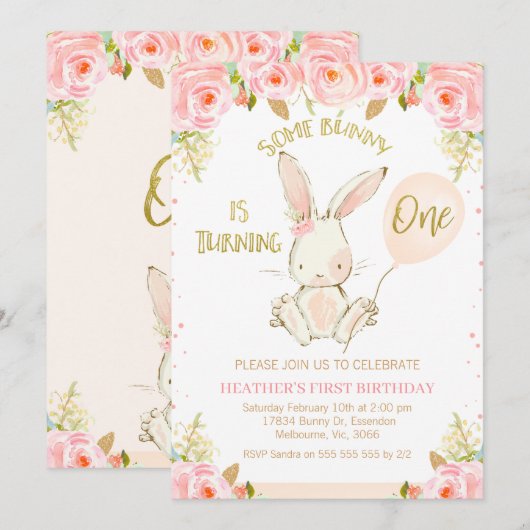 Bloemrijke gouden roze konijn 1e verjaardagsuitnod kaart (Voorkant / Achterkant)