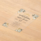 Bloemrijke Gouden Witte Quinceanera Acryl Uitnodigingen (Laagn)