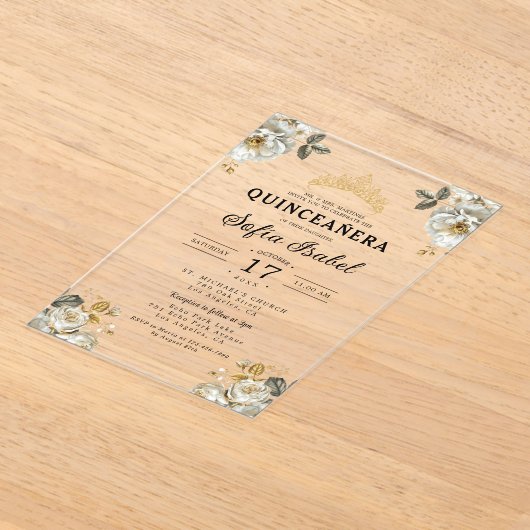 Bloemrijke Gouden Witte Quinceanera Acryl Uitnodigingen (Laagn)