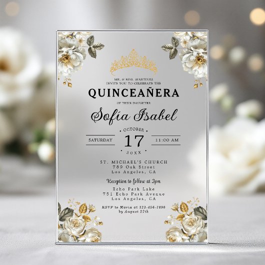 Bloemrijke Gouden Witte Quinceanera Acryl Uitnodigingen