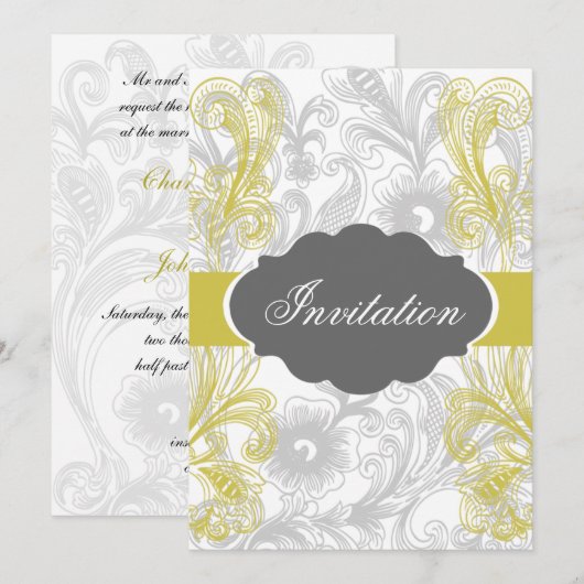 bloemrijke grijze en gele bruiloft kaart (Voorkant / Achterkant)