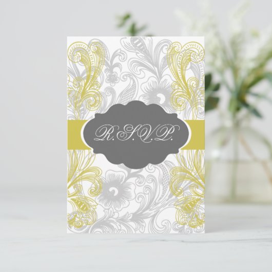 bloemrijke grijze en gele bruiloft RSVP kaartje (Staand voorkant)