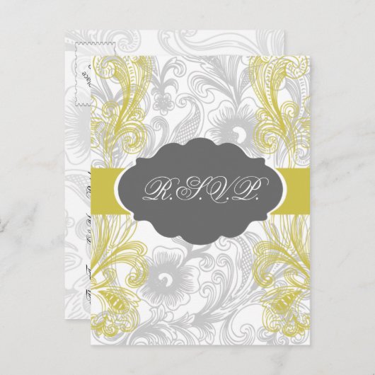 bloemrijke grijze en gele bruiloft uitnodiging briefkaart (Voorkant / Achterkant)