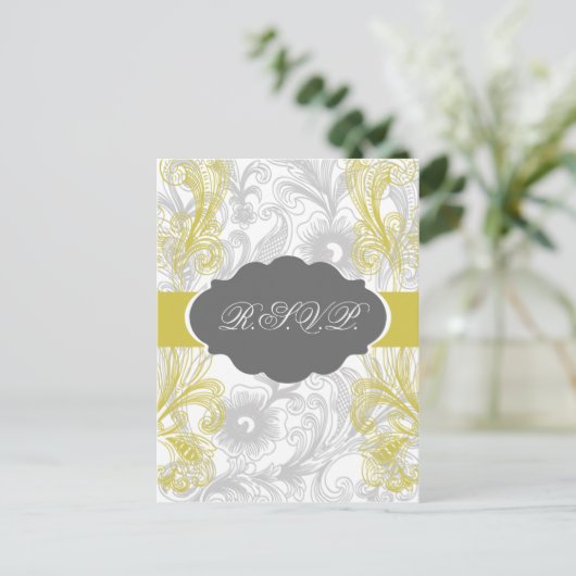 bloemrijke grijze en gele bruiloft uitnodiging briefkaart (Staand voorkant)