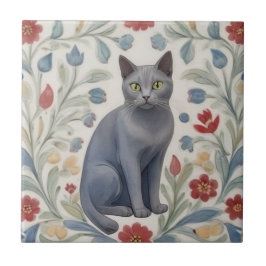 Bloemrijke Grijze Katten - Grijze Kat Kleurrijke V Tegeltje
