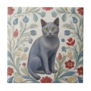 Bloemrijke Grijze Katten - Grijze Kat Kleurrijke V Tegeltje