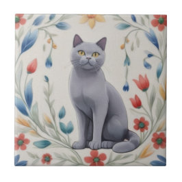 Bloemrijke Grijze Katten - Grijze Kat Kleurrijke V Tegeltje
