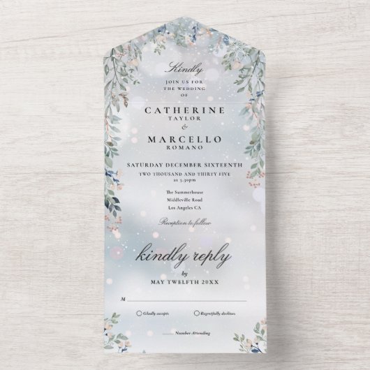 Bloemrijke groene cascade elegante winterhuwelijk all in one uitnodiging (Binnen)
