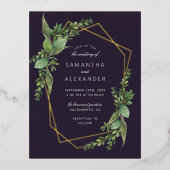 Bloemrijke groene Purple & Gouden Geometrische Tro Folie Uitnodiging Briefkaart (Voorkant)