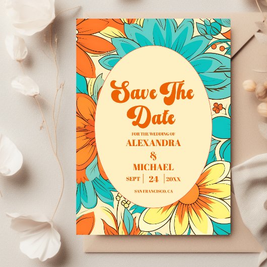 Bloemrijke Groovy Retro Bruiloft Save The Date