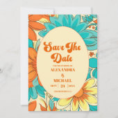 Bloemrijke Groovy Retro Bruiloft Save The Date (Voorkant)