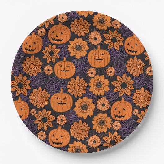 Bloemrijke Halloween Papieren Bordje (Voorkant)