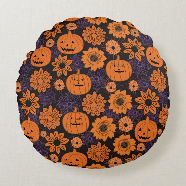 Bloemrijke Halloween Rond Kussen (Voorkant)