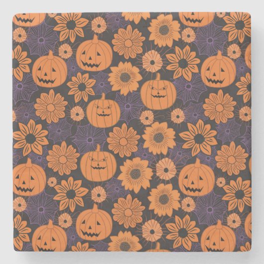 Bloemrijke Halloween Stenen Onderzetter (Voorkant)