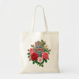 Bloemrijke Hamsa-hand met roze rozen & boze oog Tote Bag