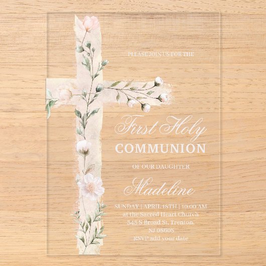 bloemrijke Heilige eerste communie Acryl Uitnodigingen (Voorkant)