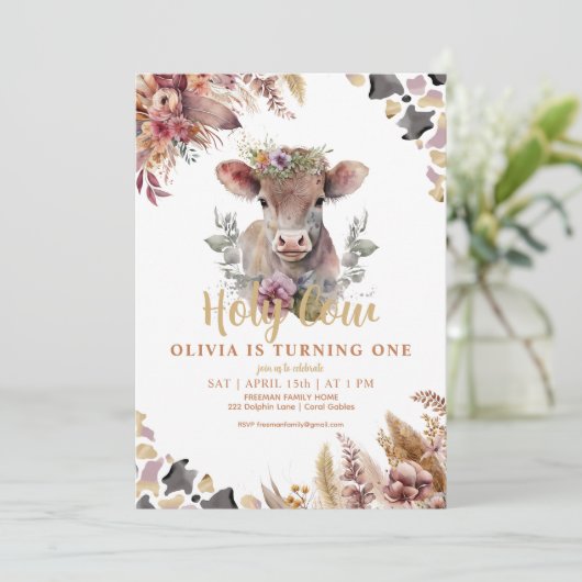 Bloemrijke Heilige Koe Eerste Verjaardag Meisje Ui Kaart (Staand voorkant)