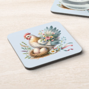 Bloemrijke Hen met Eieren Vintage Boerderij Charme Bier Onderzetter