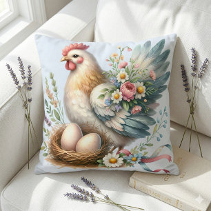 Bloemrijke Hen met Eieren Vintage Boerderij Charme Kussen