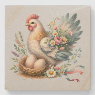 Bloemrijke Hen met Eieren Vintage Boerderij Charme Stenen Onderzetter