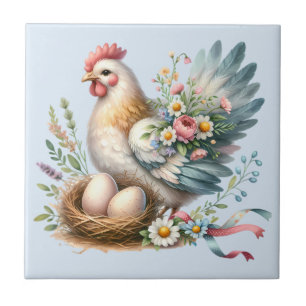 Bloemrijke Hen met Eieren Vintage Boerderij Charme Tegeltje