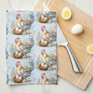 Bloemrijke Hen met Eieren Vintage Boerderij Charme Theedoek