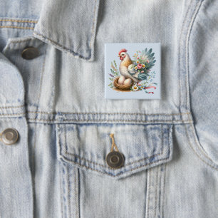 Bloemrijke Hen met Eieren Vintage Boerderij Charme Vierkante Button 5,1 Cm