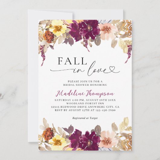 Bloemrijke Herfst Verliefd Hart Script Bruidsdouch Kaart (Voorkant)