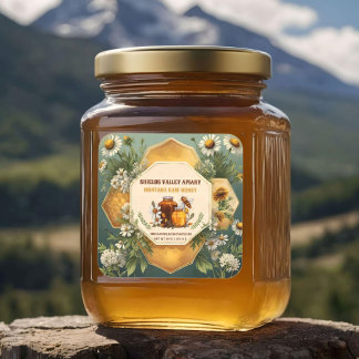 Bloemrijke honingpot met aangepast etiket