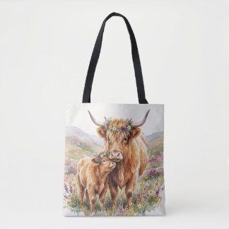 Bloemrijke Hoogland Koe Moeder & Kalf Rustieke Boe Tote Bag