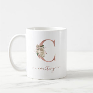 Bloemrijke Ivoor Roze Gouden Monogram Letter "C" Koffiemok
