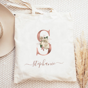 Bloemrijke Ivoor Roze Gouden Monogram Letter S Tote Bag