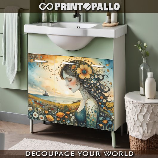 Bloemrijke jonge vrouw droomt om weg te varen tissuepapier