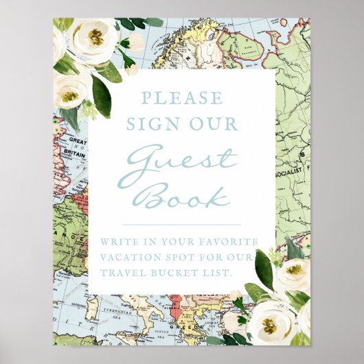 Bloemrijke kaart Reis Thema Gastboek Handtekening Poster (Voorkant)