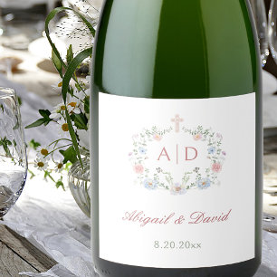 Bloemrijke kader religieuze huwelijksmonogrammen sparkling wijnetiket