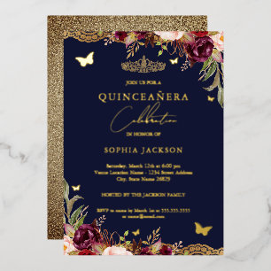 Bloemrijke Kanten Burgundy Navy Quinceanera Verjaa Folie Uitnodiging