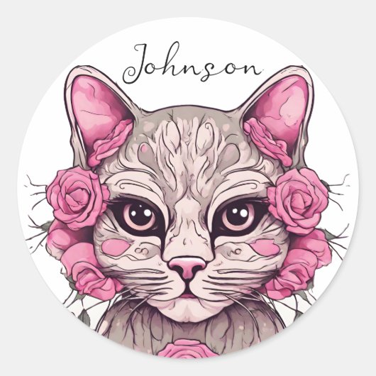 Bloemrijke Kat en Roze Rozen Sticker (Voorkant)