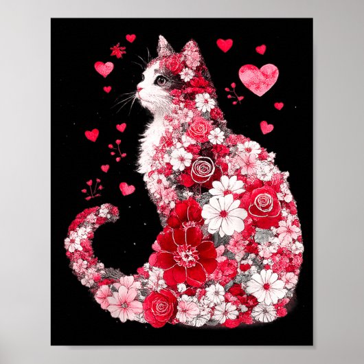 Bloemrijke Kat Hart Kunst Romantisch Ontwerp voor  Poster (Voorkant)