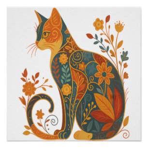 Bloemrijke kat Silhouet � Kleurrijk Vintage Botani Perfect Poster