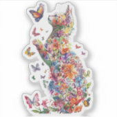 Bloemrijke kat silhouet met vlinders stickers (Voorkant)