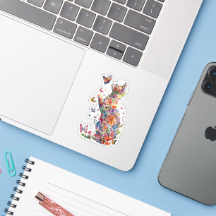 Bloemrijke kat silhouet met vlinders stickers