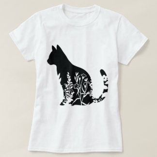 Bloemrijke kat silhouet minimalistisch ontwerp t-shirt