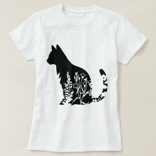 Bloemrijke kat silhouet minimalistisch ontwerp t-shirt (Design voorkant)