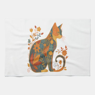 Bloemrijke kat Silhouette � Kleurrijk Vintage Bota Theedoek