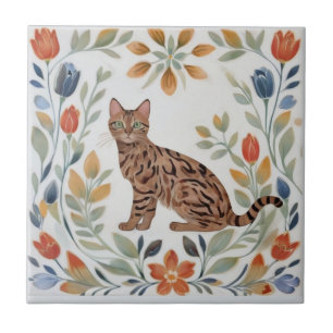 Bloemrijke Katten - Bengaalse Kat Kleurrijke Volks Tegeltje