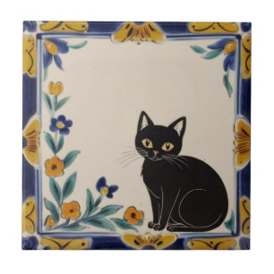 Bloemrijke katten - Cute Zwarte Kat & Oranje Bloem Tegeltje