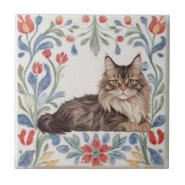 Bloemrijke Katten - MaineCoon Kat Kleurrijke Volks Tegeltje