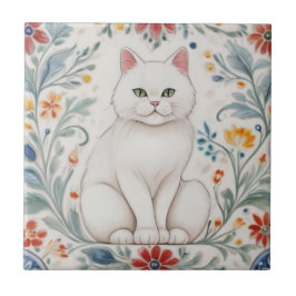 Bloemrijke Katten - Witte Kat Kleurrijke Volkskuns Tegeltje