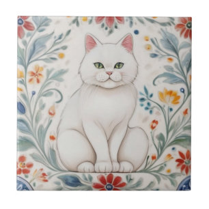 Bloemrijke Katten - Witte Kat Kleurrijke Volkskuns Tegeltje