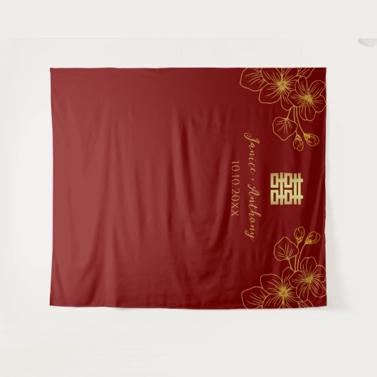 Bloemrijke kersenbloesem Chinese bruiloft achtergr Wandkleed (Voorkant (horizontaal))